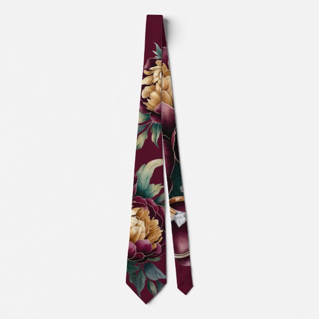Marsala Red and Gold Peony Wedding Groom Neck Tie (Front)