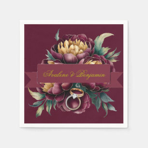 Marsala Red and Gold Peony with Wedding Rings Napkins