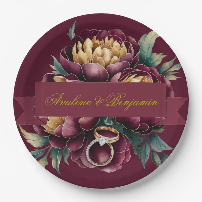 Marsala Red and Gold Peony with Wedding Rings Paper Plates (Front)