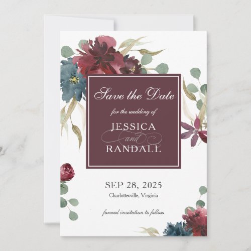 Marsala Red and Navy Floral Wedding Save the Date