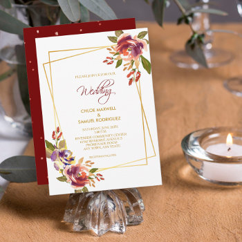 Marsala Red Bronze Roses Floral Wedding Invitation by AvenueCentral at Zazzle