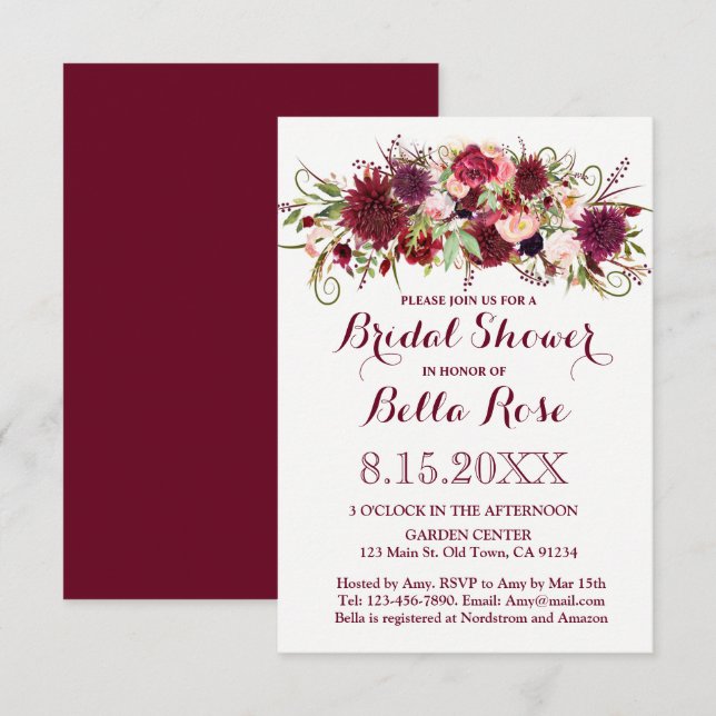 Marsala Red Burgundy Floral Bridal Shower Invite (Front/Back)