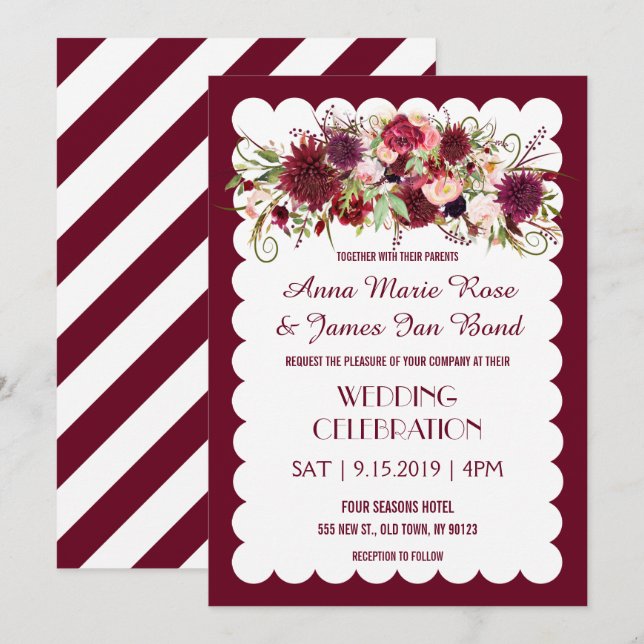 Marsala Red Burgundy Floral Chic Wedding Invite (Front/Back)