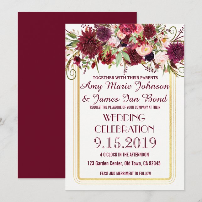 Marsala Red Burgundy Floral Gold Wedding Invite (Front/Back)