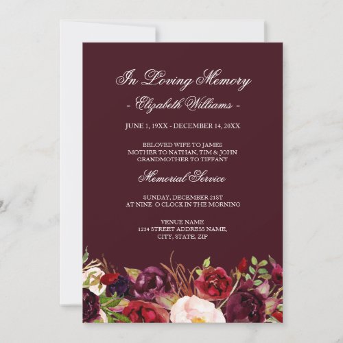 Marsala Red Burgundy Floral Memorial Service Invitation