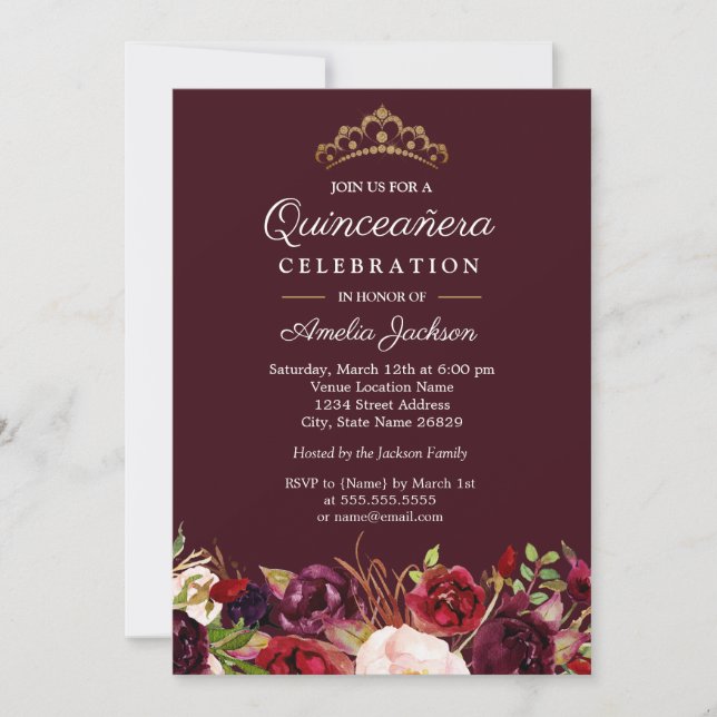 Marsala Red Burgundy Floral Quinceanera Invitation (Front)