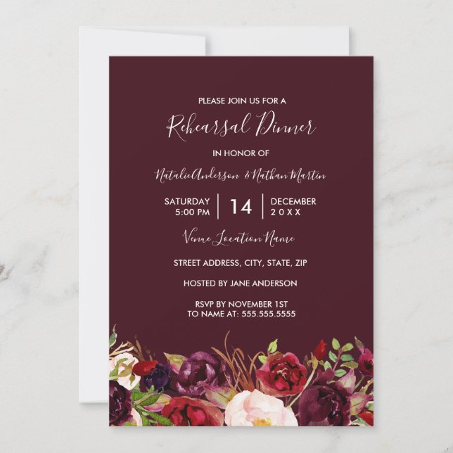 Marsala Red Burgundy Floral Rehearsal Dinner Invitation (Front)