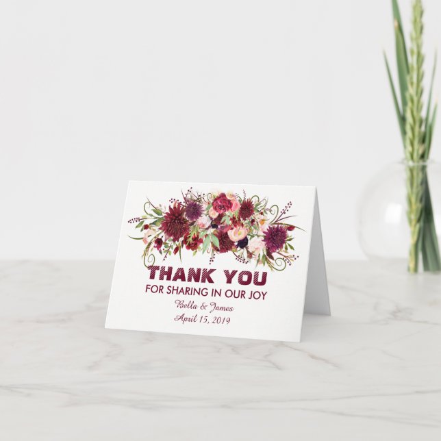 Marsala Red Burgundy Floral Wedding Thank You Card (Front)