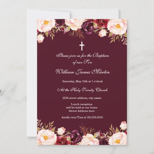 Marsala Red Burgundy Watercolor Floral Baptism Invitation