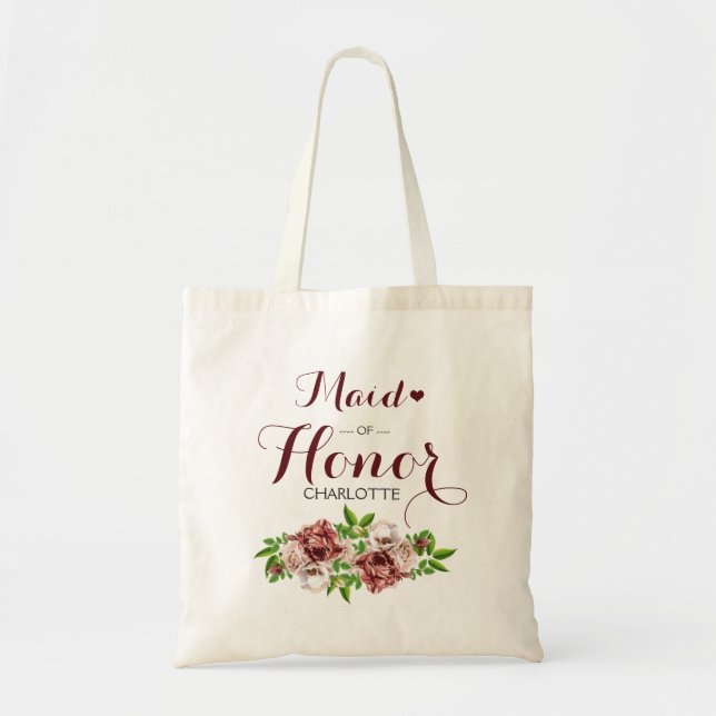 Marsala Red Floral Maid of Honor Tote Bag (Front)