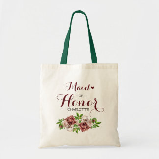 Marsala Red Floral Maid of Honor Tote Bag