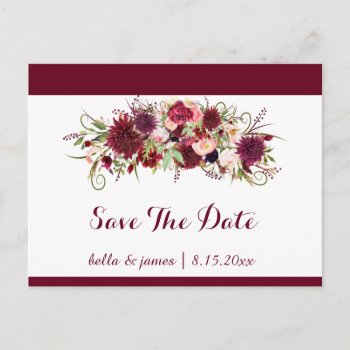 Marsala Red Floral Wedding Save The Date Postcard by FancyMeWedding at Zazzle