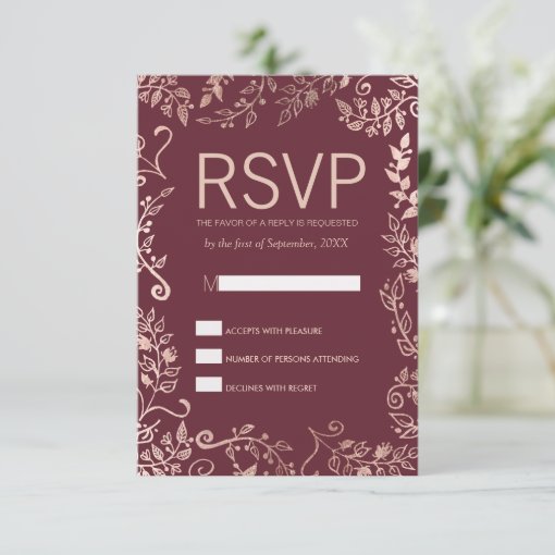 Marsala Red Rose Gold Floral RSVP Cards | Zazzle