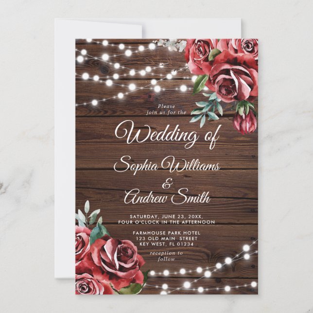 Marsala Red Rose Rustic Wood Wedding Invitation (Front)