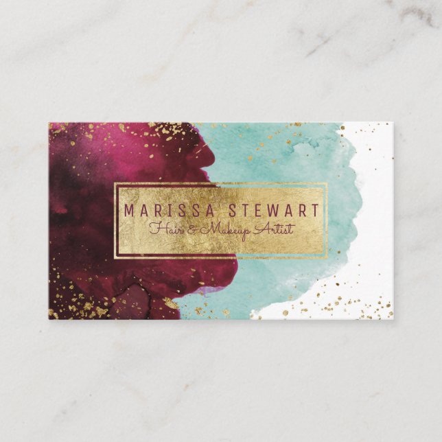 Marsala Red Teal Watercolor Gold Business Card (Front)