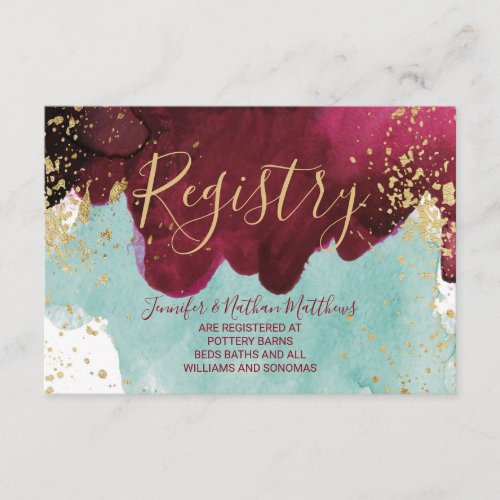 Marsala Red Teal Watercolor Gold Gift Registry Enclosure Card