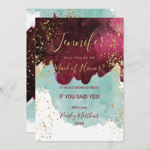 Marsala Red Teal Watercolor Gold Maid of Honor Invitation
