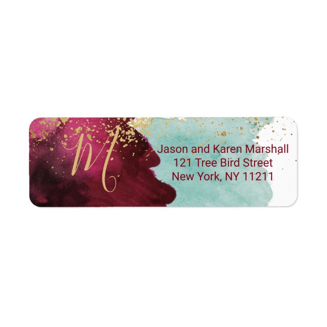Marsala Red Teal Watercolor Gold Splash Address Label (Front)