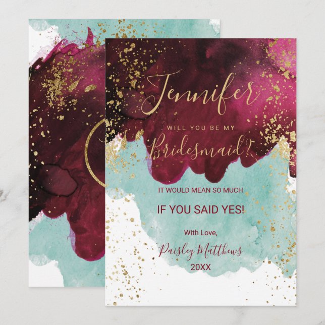 Marsala Red Teal Watercolor Gold Splash Bridesmaid Invitation (Front/Back)