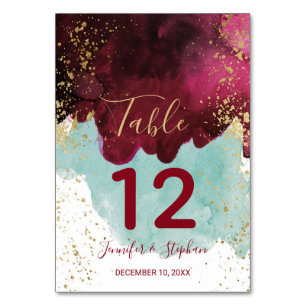 Marsala Red Teal Watercolor Gold Table Numbers