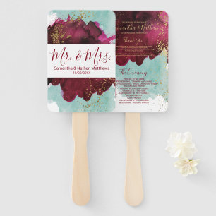 Marsala Red Teal Watercolor Gold Wedding Programs Hand Fan