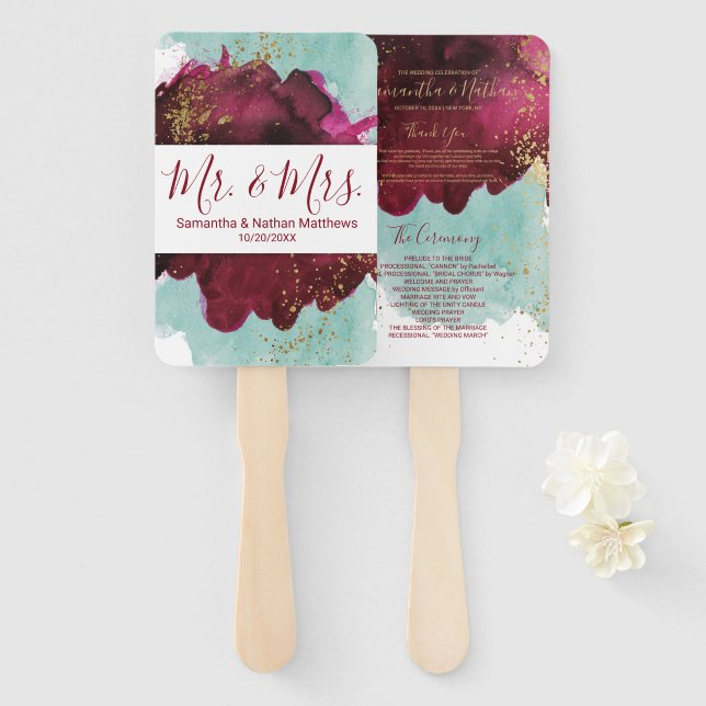 Marsala Red Teal Watercolor Gold Wedding Programs Hand Fan (Front and Back)
