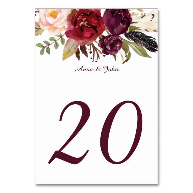 Marsala Red White Roses Feathers Boho Table Cards (Front)