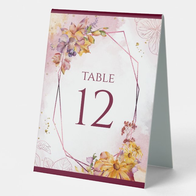 Marsala Rose Gold Autumn Leaves Elegant Wedding Table Tent (Front)