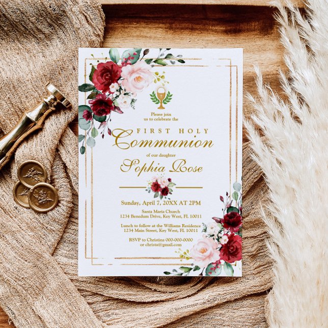 Marsala Rose & Gold Chalice First Holy Communion Invitation (Creator Uploaded)
