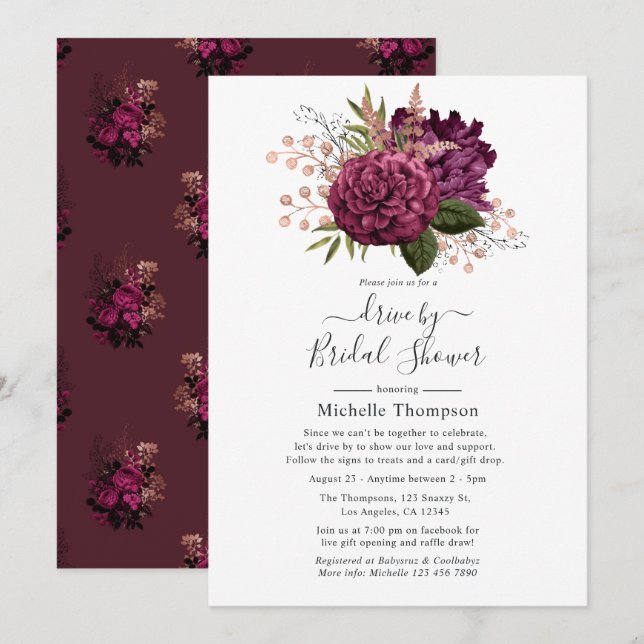 Marsala & Rose Gold Floral Virtual Drive By Shower Invitation (Front/Back)