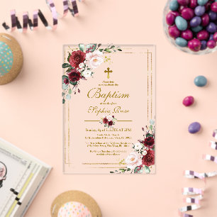 Marsala Rose & Gold Frame Girl Baptism Acrylic Invitations