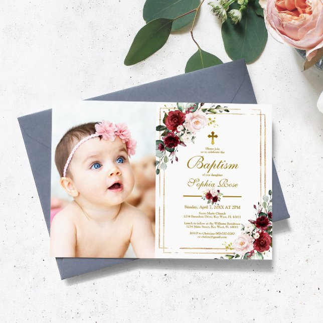 Marsala Rose & Gold Frame Photo Girl Baptism Invitation (Creator Uploaded)