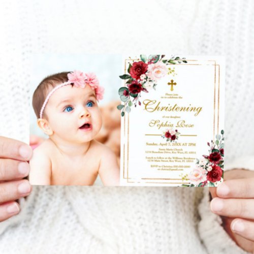 Marsala Rose  Gold Frame Photo Girl Christening Invitation