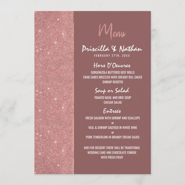 Marsala Rose Gold Glitter Color Block Wedding Menu (Front)