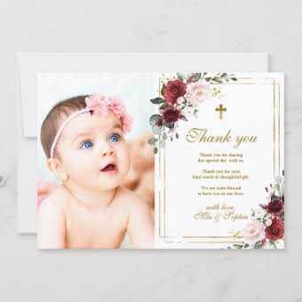 Marsala Rose & Gold Photo Baptism Thank You Card | Zazzle