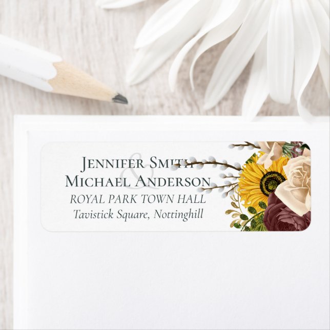 Marsala Roses Sunflowers Budget Cheap Wedding Label (Insitu)