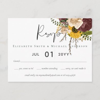 Marsala Roses Sunflowers Budget Cheap Wedding Postcard