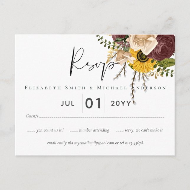 Marsala Roses Sunflowers Budget Cheap Wedding Postcard (Front)