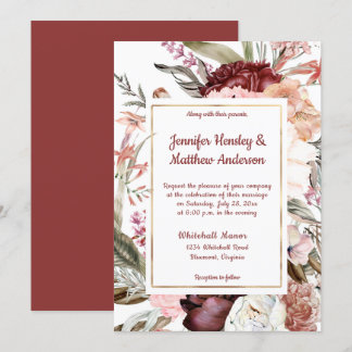 Marsala Sandy Peach Dusty Rose Floral Wedding  Invitation