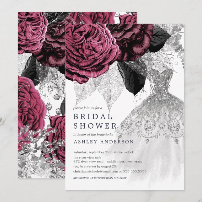 Marsala Silver Floral Wedding Dress Bridal Shower Invitation (Front/Back)