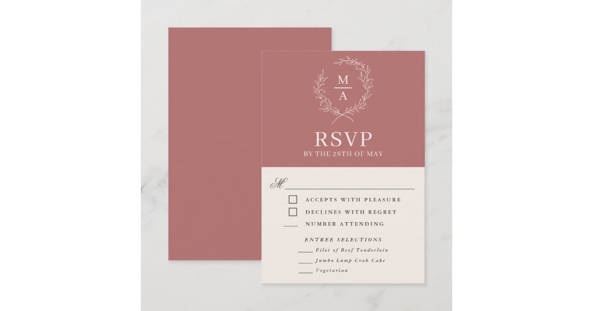 Marsala Simple Elegant Monogram RSVP with Meals | Zazzle
