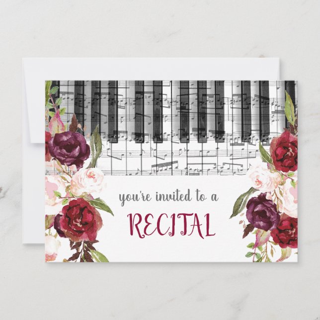 marsala watercolor flowers music recital invitation (Front)