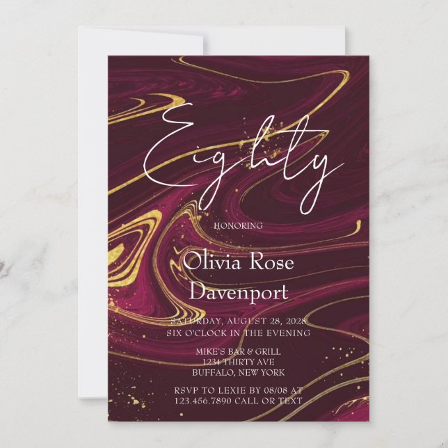 Marsala Wine Gold Alcohol Ink 80th Birthday Party Invitation (Front)