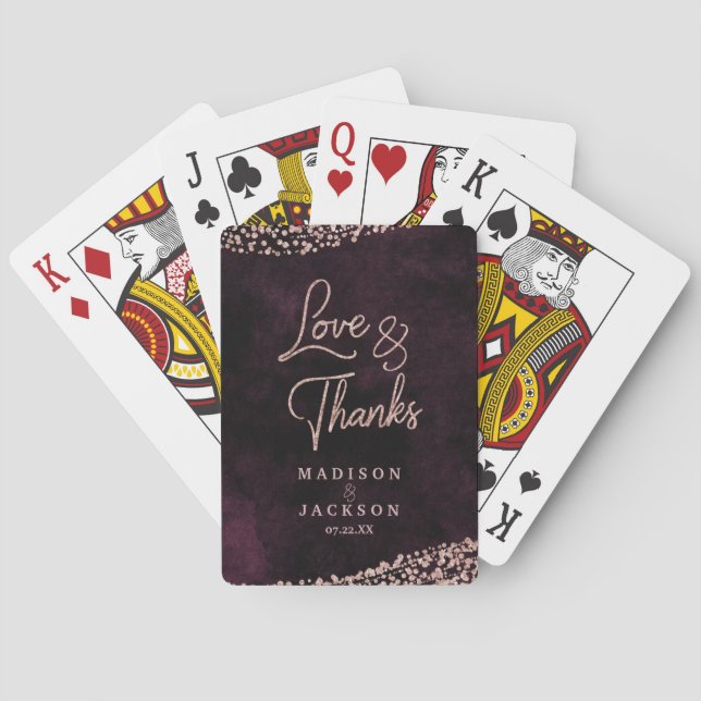 Marsala Wine & Rose Gold Confetti Wedding Favor Poker Cards (Back)