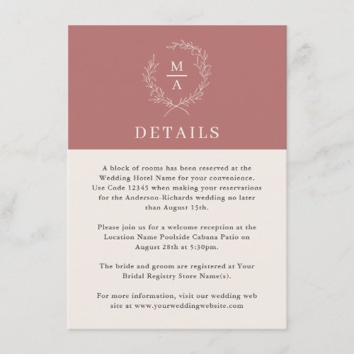 Marsala Wine Simple Elegant Monogram Details Enclosure Card