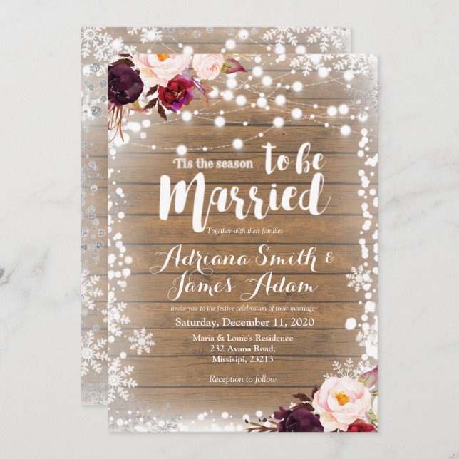 Marsala Winter Snowflakes Holiday Wedding Invitation (Front/Back)