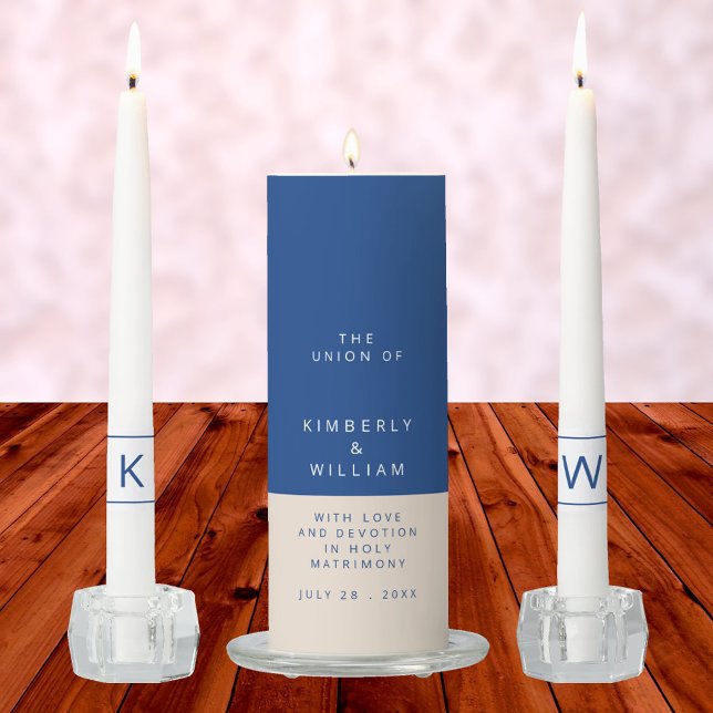 Marseille Bleu Chic Minimalist Modern Wedding Unity Candle Set (Marseille Bleu Modern Wedding Unity Candle Set)