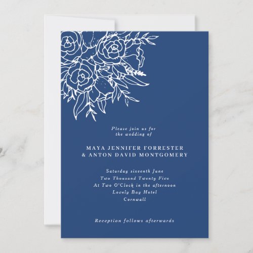 Marseille Bleu Line Art Floral Wedding Invitation