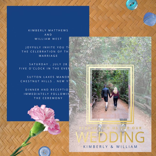 Marseille Bleu Modern Minimal Photo Wedding Foil Invitation (These Marseille Bleu Modern Wedding Invitations are printed with accents of real gold foil)