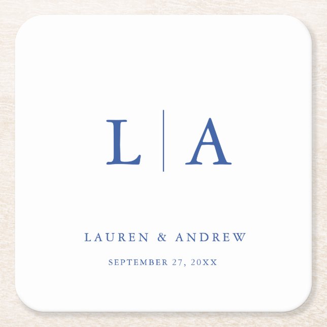 Marseille Bleu Monogram Elegant Simple Wedding Square Paper Coaster (Front)